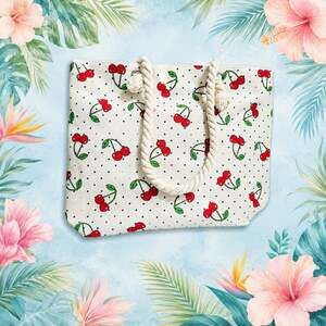 Cherry and Polka Dot Print Canvas Beach Tote Bag with Rope Handles